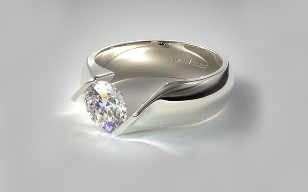 Contoured 14 k white gold with twist tension set engagement diamond