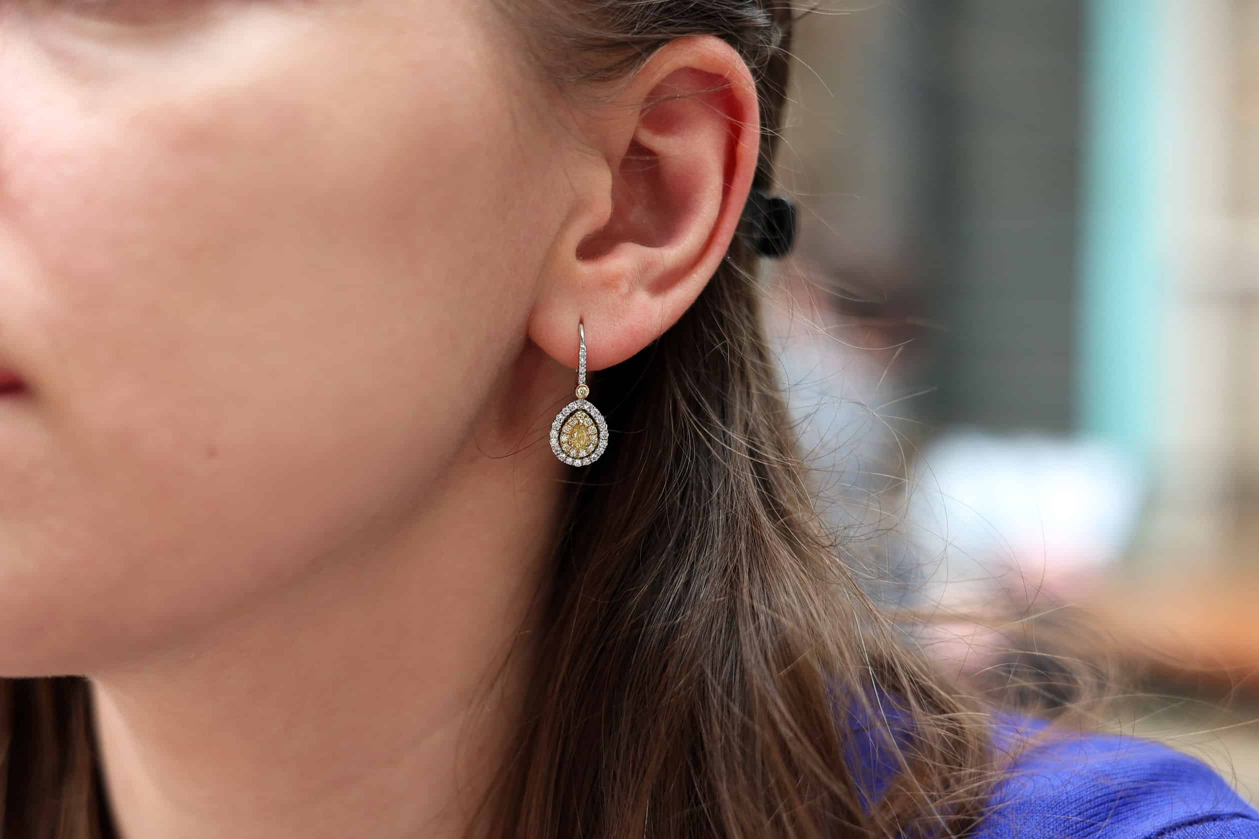 Pear-Shaped Yellow Diamond Double Halo Drop Earrings