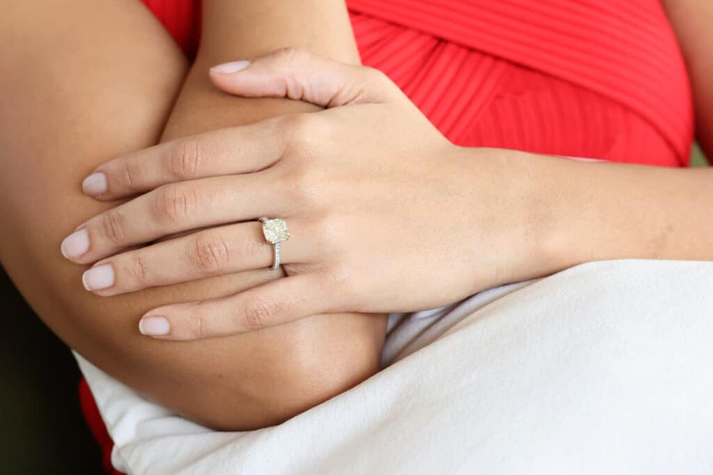 A yellow radiant cut diamond