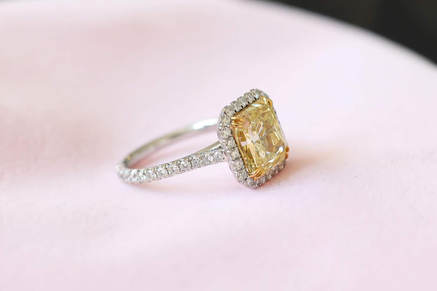 Fancy Yellow Radiant Cut Diamond in a halo setting