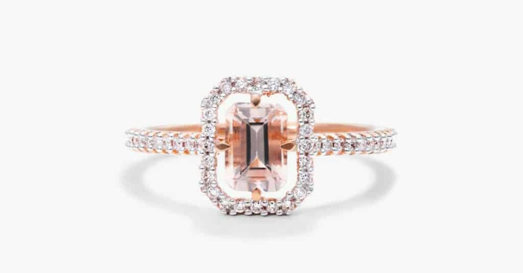 Floating diamond halo emerald cut morganite ring