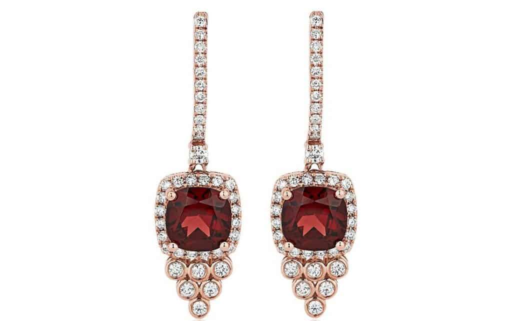 Cushion Cut Garnet and Diamond Drop Earrings