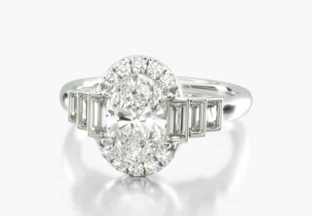 halo setting with baguettes and oval diamodn center