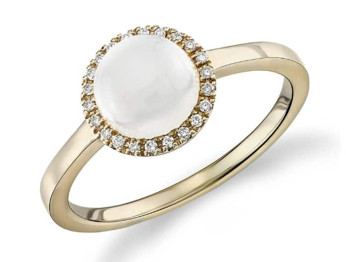 Round White Moonstone Cabochon Halo Ring