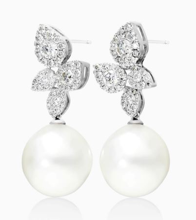Teardrop Diamond Cluster And South Sea Cultured Pearl Drop Earrings