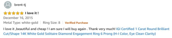 Amazon review of a diamond engagement ring