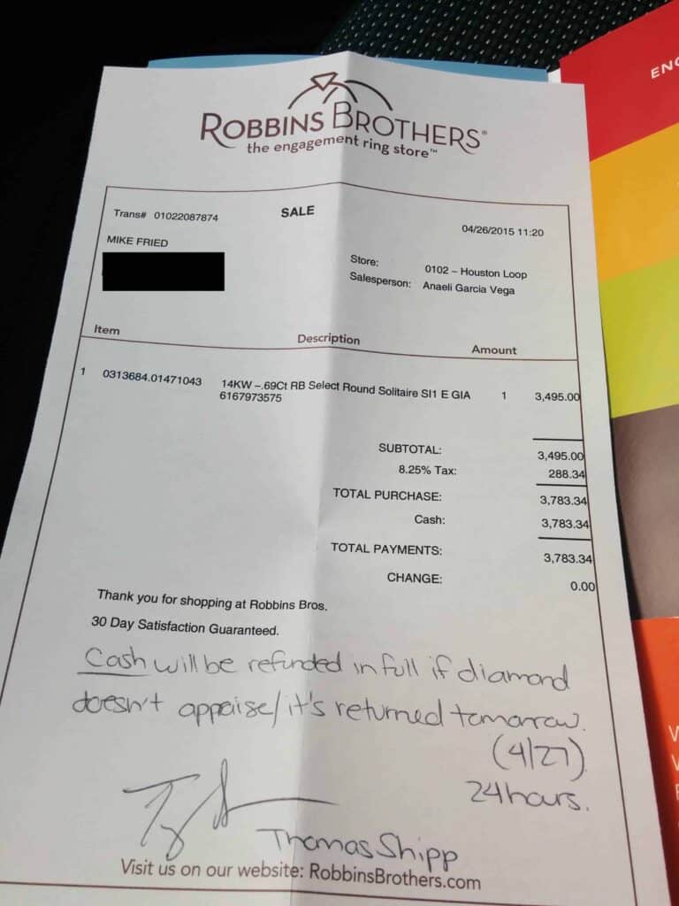 Receipt from Robbins Bros