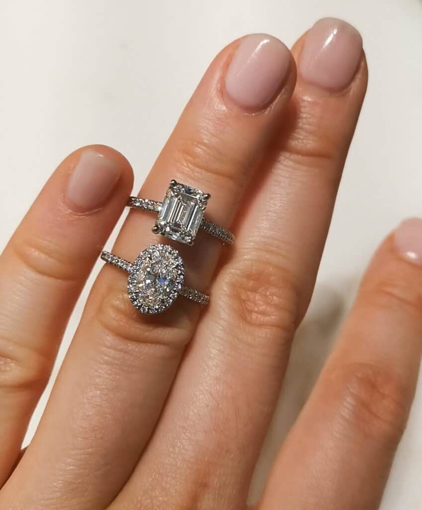 Emerald cut vs Oval cut engagement rings from Tiffany & Co.