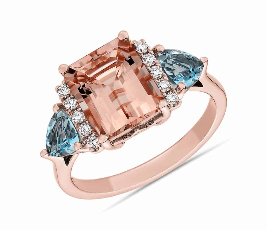 Morganite and aquamarine ring in rose gold for a trendy personality