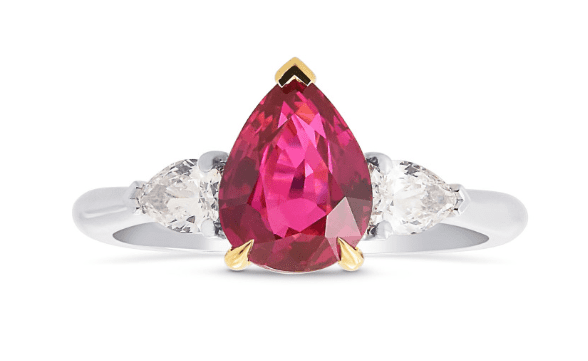 1980s Pear Shape Ruby and Diamond 3 Stone Ri