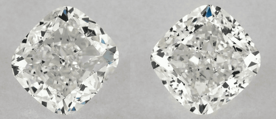 A comparison of a VVS2 and SI1 clairty cushion cut diamonds