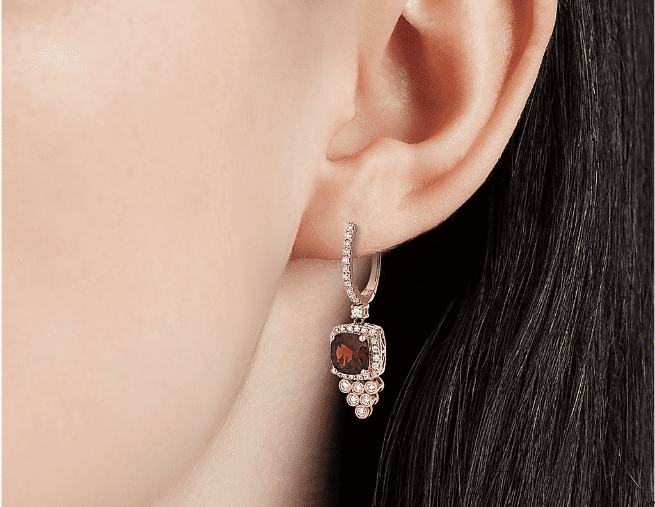 Cushion Cut Garnet and Diamond Drop Earrings