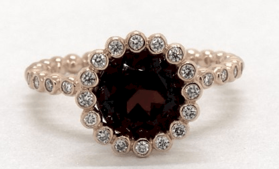 Rose Gold Garnet And Diamond Studded Beaded Halo Ring