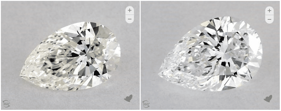 A comparison between a J color and D color pear shape diamonds