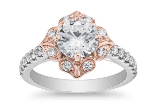 Vintage Two-Tone Floral Shield Halo Engagement Ring