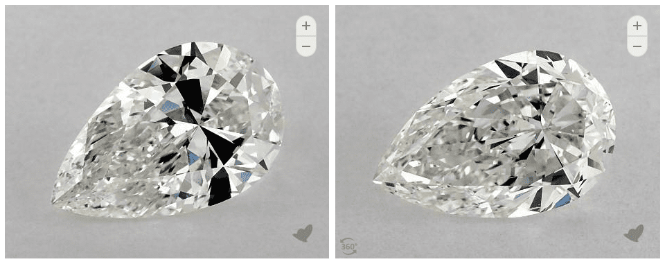 bowtie effect compared on two pear shape diamonds
